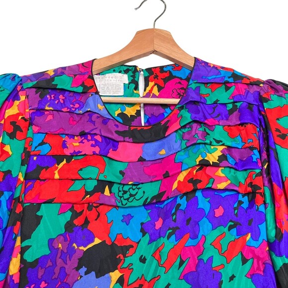 Flora Kung II New York Vintage Colorful 100% Silk Dress VTG Shoulder Pads Sz 10 - Picture 8 of 12